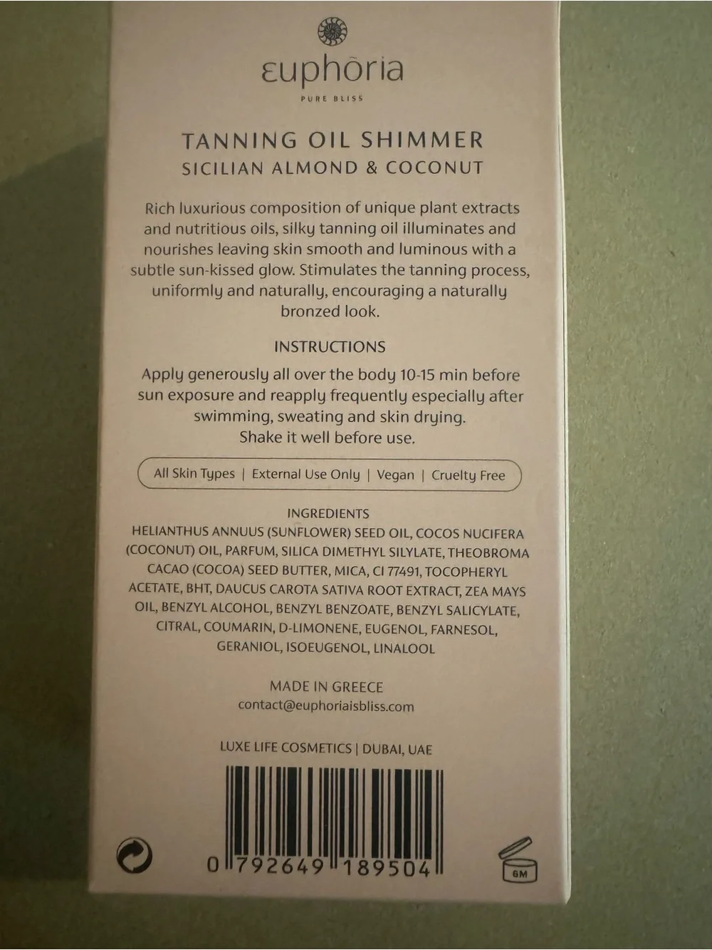 Euphoria Bliss Greece Natural Sunglow Tanning Oil - Shimmering Bronze